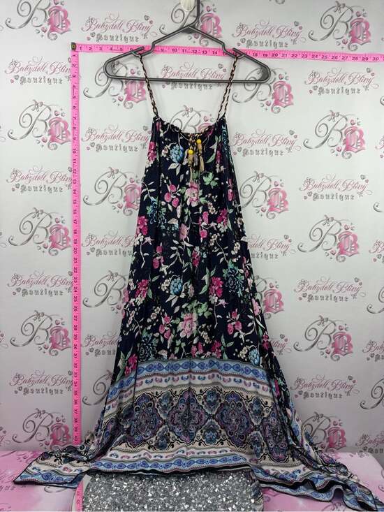 Dresses & Skirts - Dress long flowy braided Bohemian Floral Maxi Dress with Border Hem - Navy